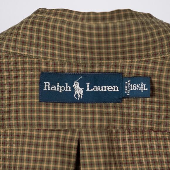 Ralph Lauren Men's Long Sleeve Button Down Shirt Green Tan Plaid Size 16 1/2 - Picture 7 of 7